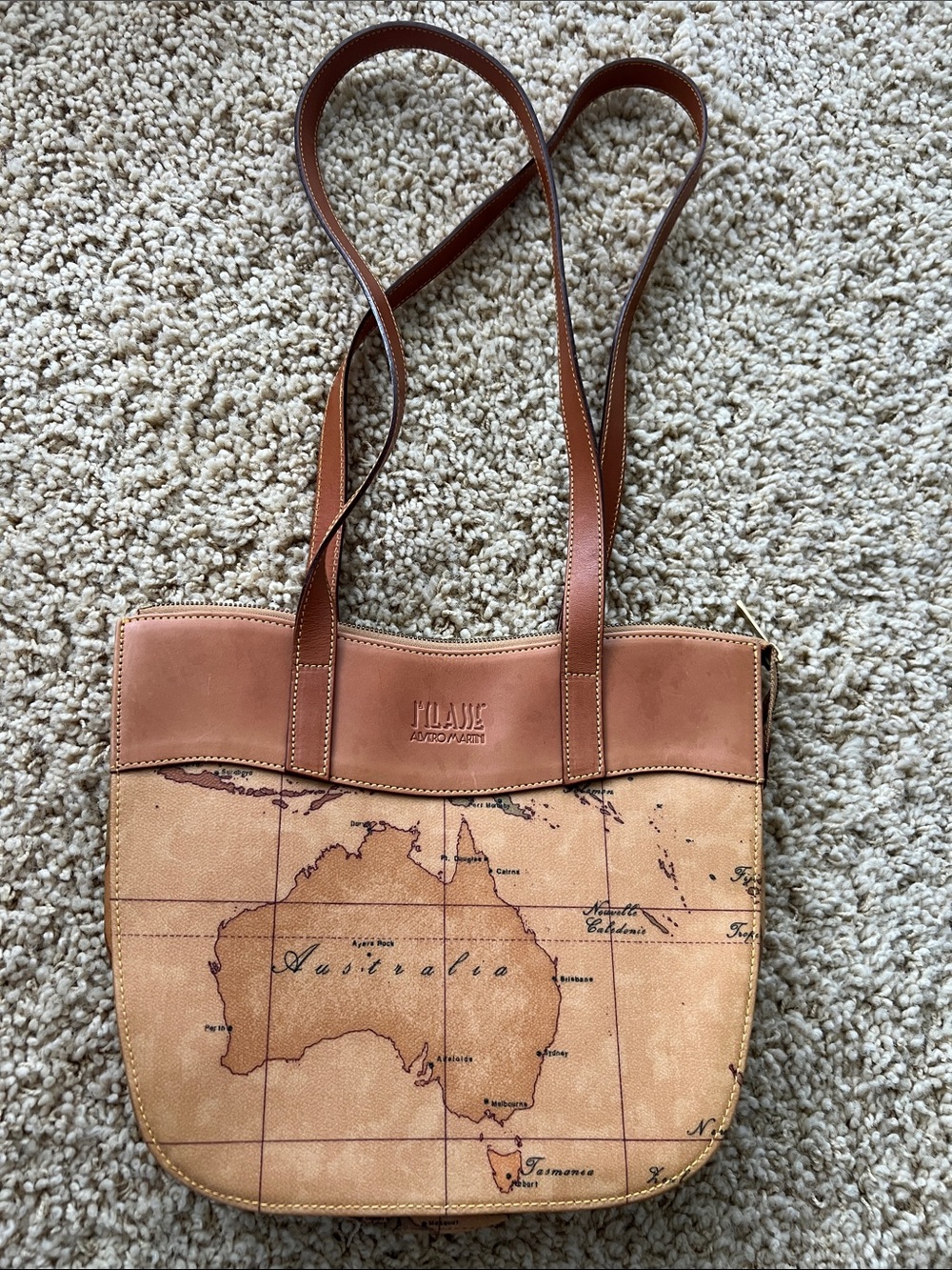 Map-Print Tan Leather Trim Tote